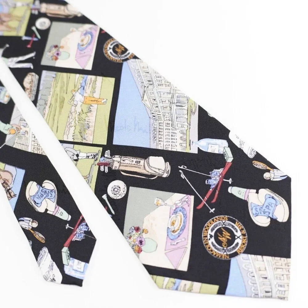 Vintage 1999 Nicole Miller Black Novelty Print Woven Wide Tie‎